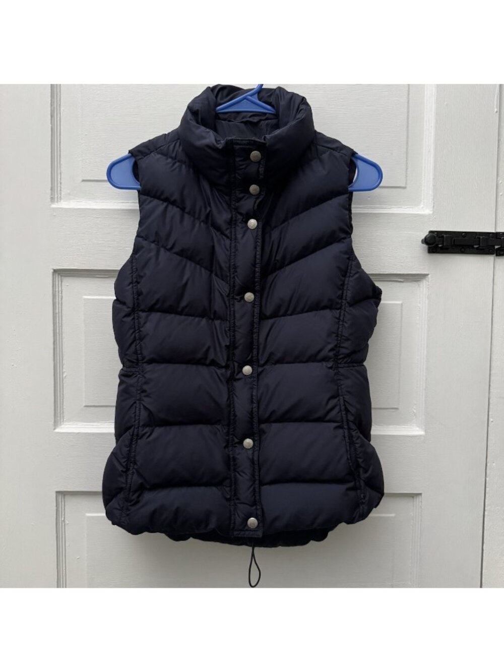 J.Crew Women’s Navy Down Puffer Vest Small Chevron Quilted Zip Snap
